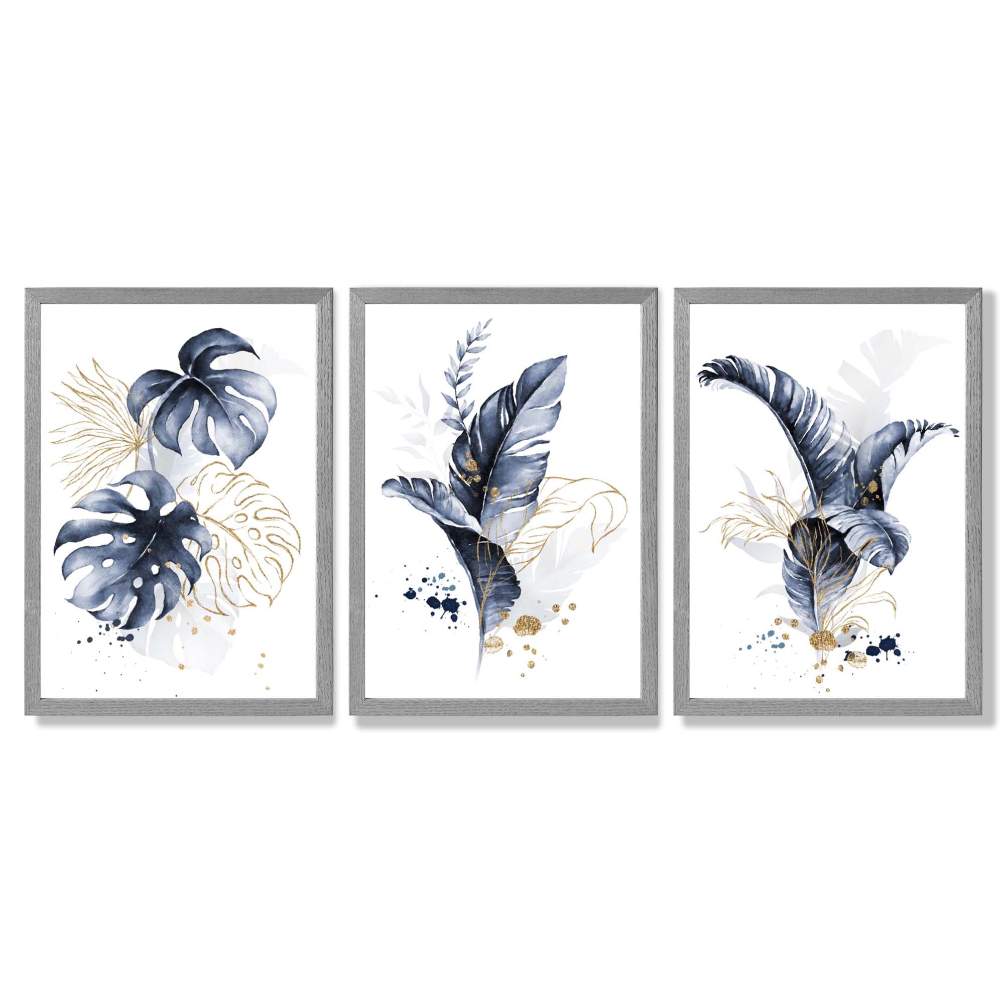 Set of 3 Navy Blue and Gold Tropical Leaves Framed Art Prints with Light Grey Wooden Frames