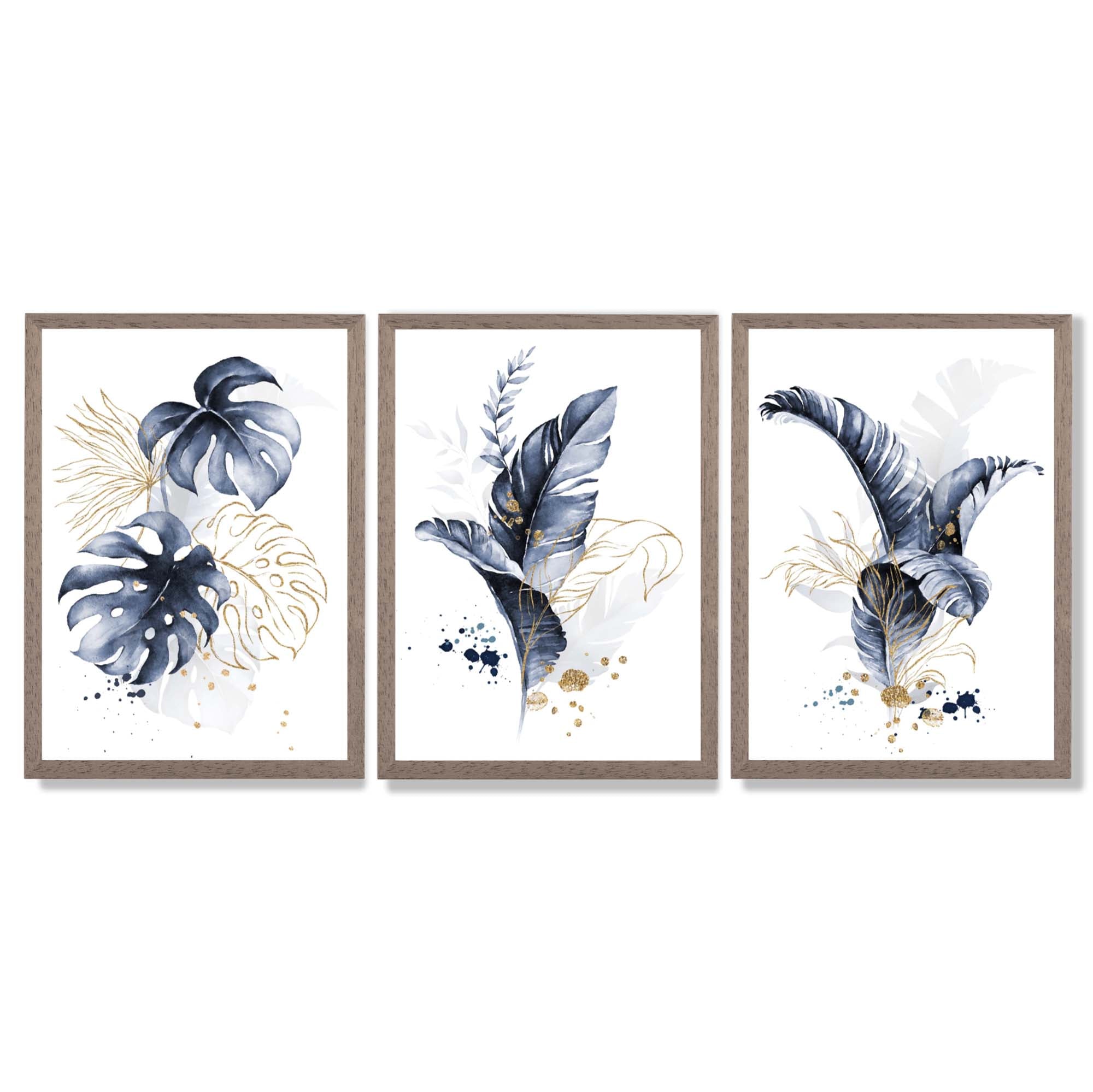 Set of 3 Navy Blue and Gold Tropical Leaves Framed Art Prints with Light Walnut Frames