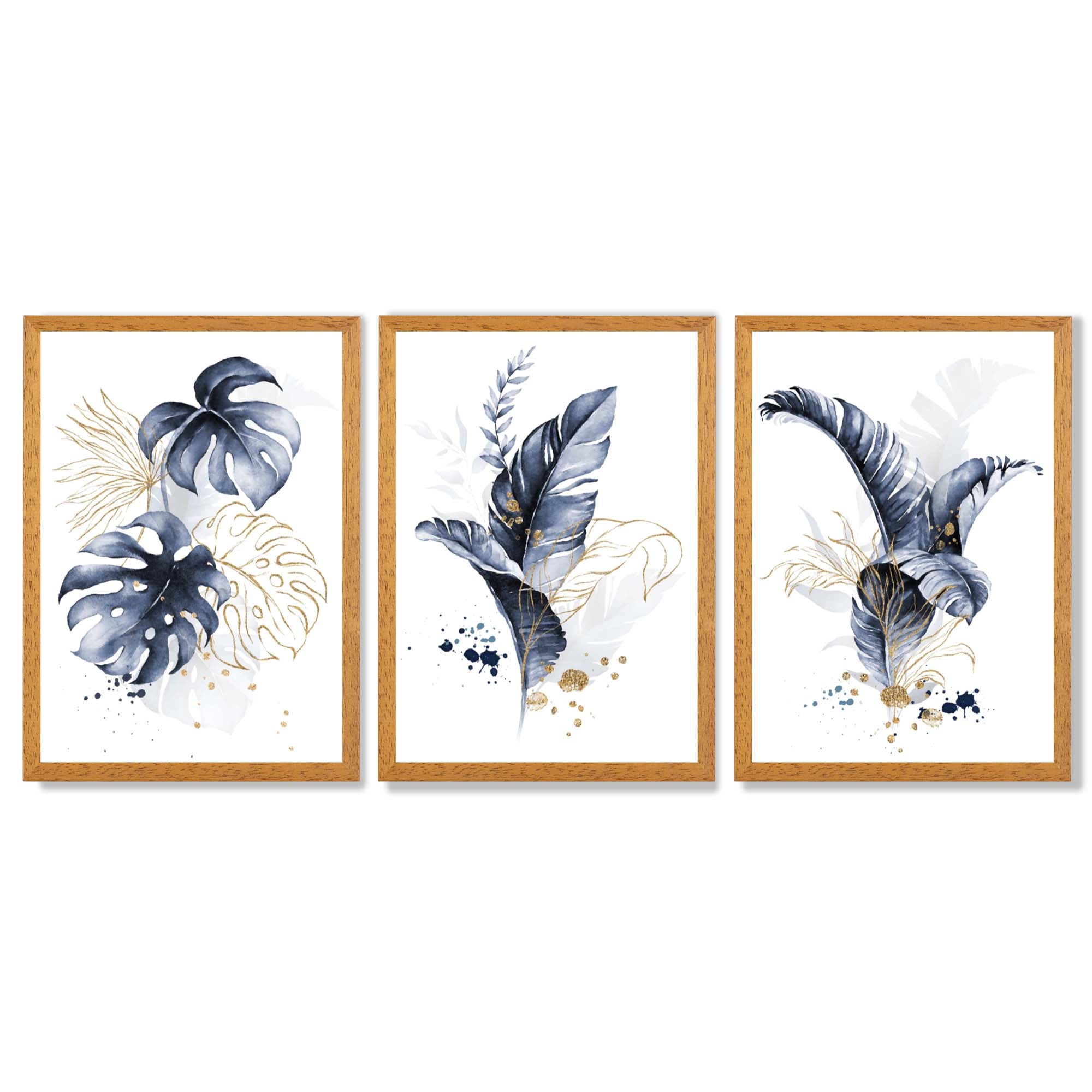 Set of 3 Navy Blue and Gold Tropical Leaves Framed Art Prints with Oak Wooden Frames