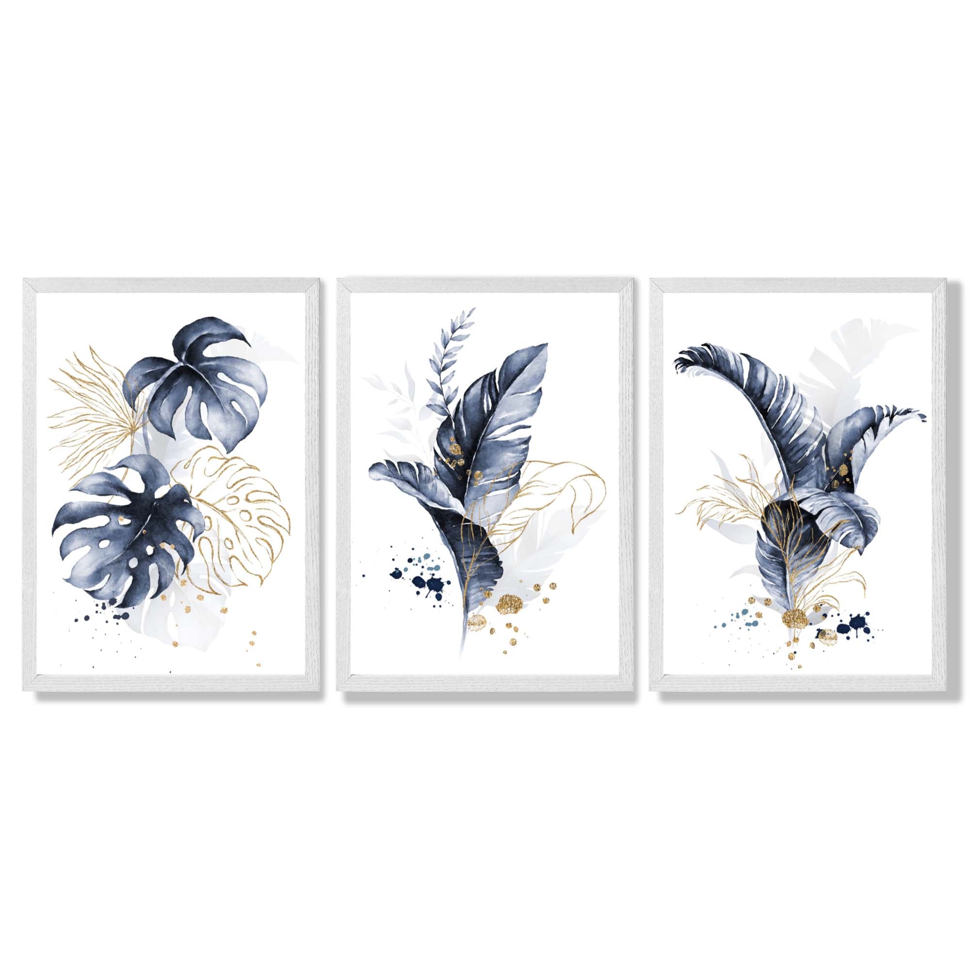 Set of 3 Navy Blue and Gold Tropical Leaves Framed Art Prints with White Wooden Frames