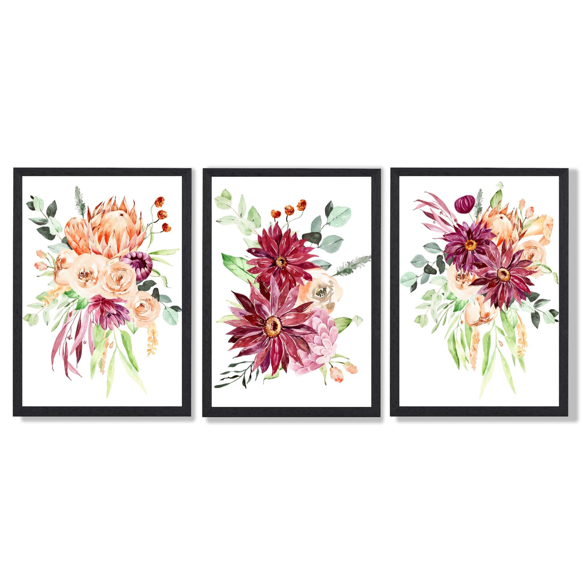 Set of 3 Orange and Purple Tropical Leaves Framed Art Prints with Black Wooden Frames