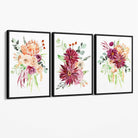 Set of 3 Orange and Purple Tropical Leaves Canvas Art Prints with Black Float Frame