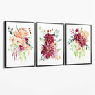 Set of 3 Orange and Purple Tropical Leaves Canvas Art Prints with Grey Float Frame