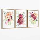 Set of 3 Orange and Purple Tropical Leaves Canvas Art Prints with Oak Float Frame