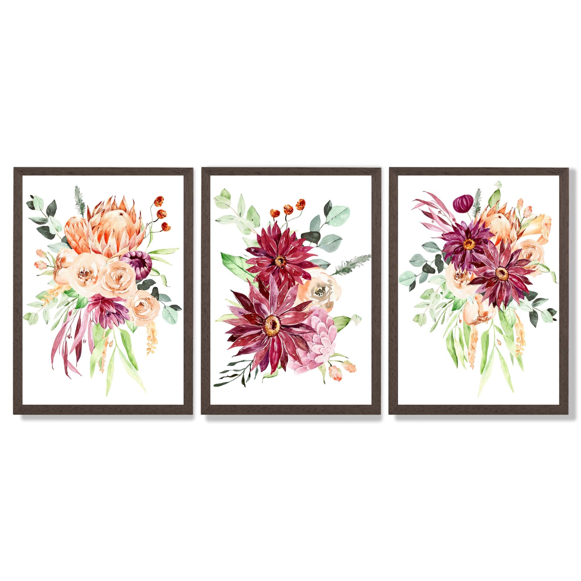 Set of 3 Orange and Purple Tropical Leaves Framed Art Prints with Dark Wood Frames