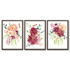 Set of 3 Orange and Purple Tropical Leaves Framed Art Prints with Dark Wood Frames