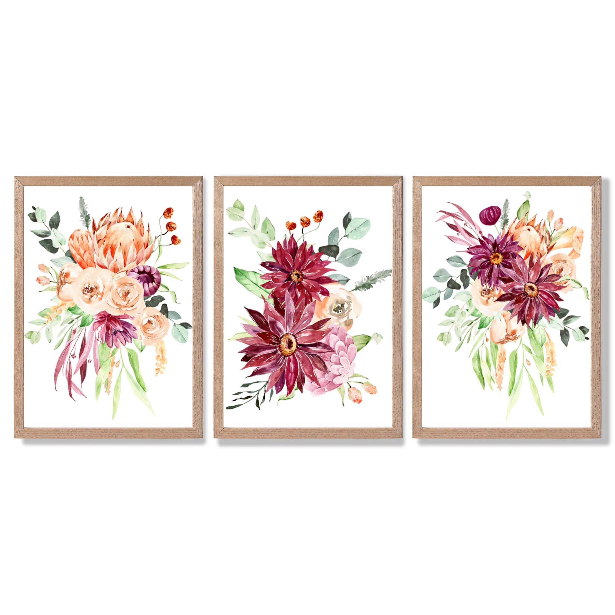 Set of 3 Orange and Purple Tropical Leaves Framed Art Prints with Light Oak Frames
