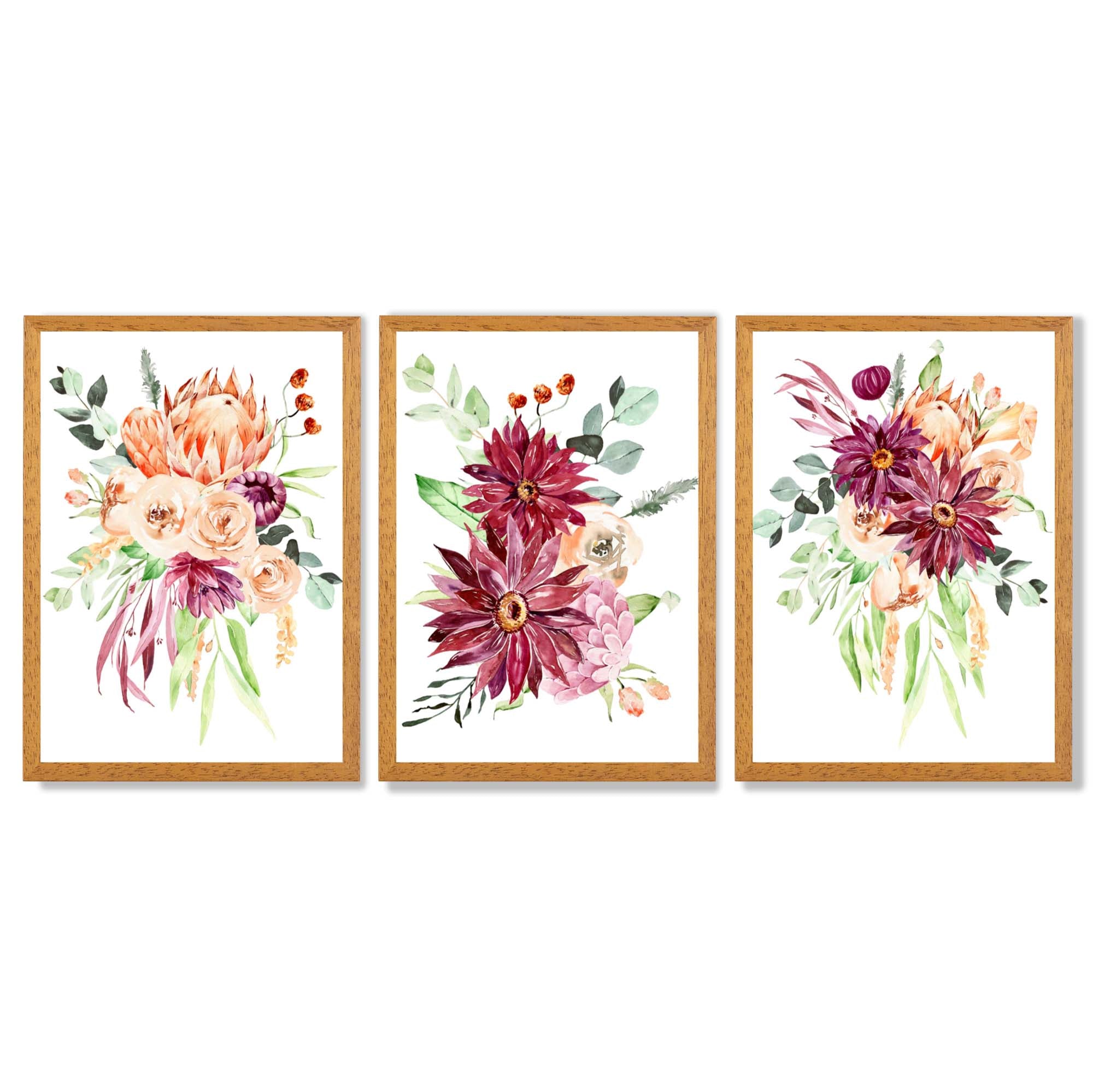 Set of 3 Orange and Purple Tropical Leaves Framed Art Prints with Oak Wooden Frames
