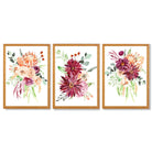 Set of 3 Orange and Purple Tropical Leaves Framed Art Prints with Oak Wooden Frames