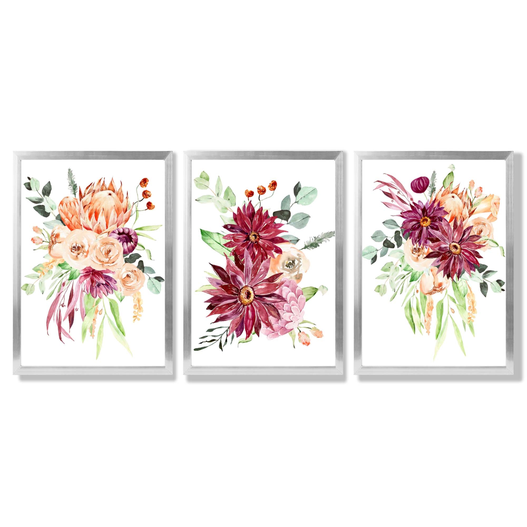 Set of 3 Orange and Purple Tropical Leaves Framed Art Prints with Silver Wood Frames
