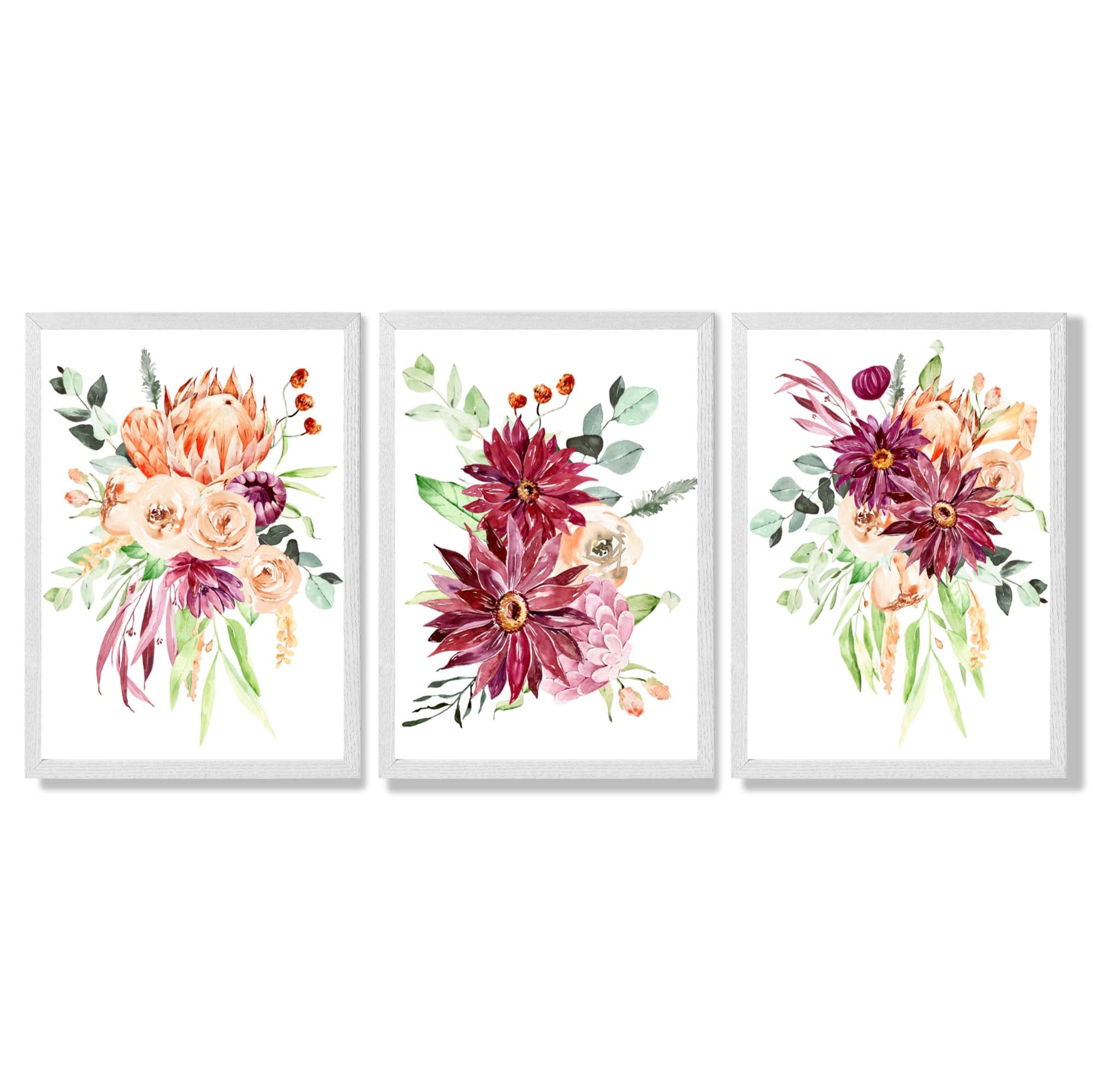 Set of 3 Orange and Purple Tropical Leaves Framed Art Prints with White Wooden Frames