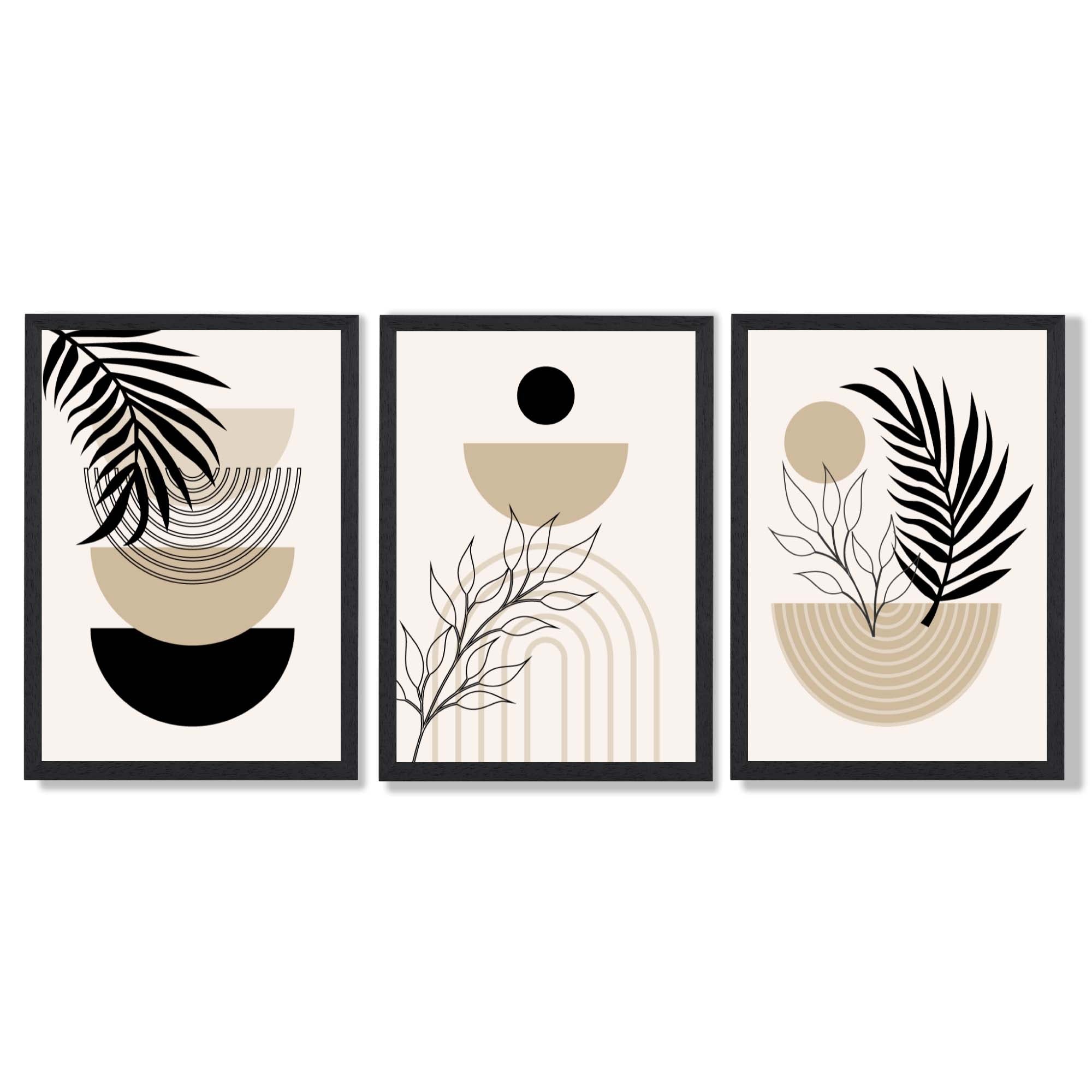 Set of 3 Boho Floral Beige and Black Framed Art Prints with Black Wooden Frames