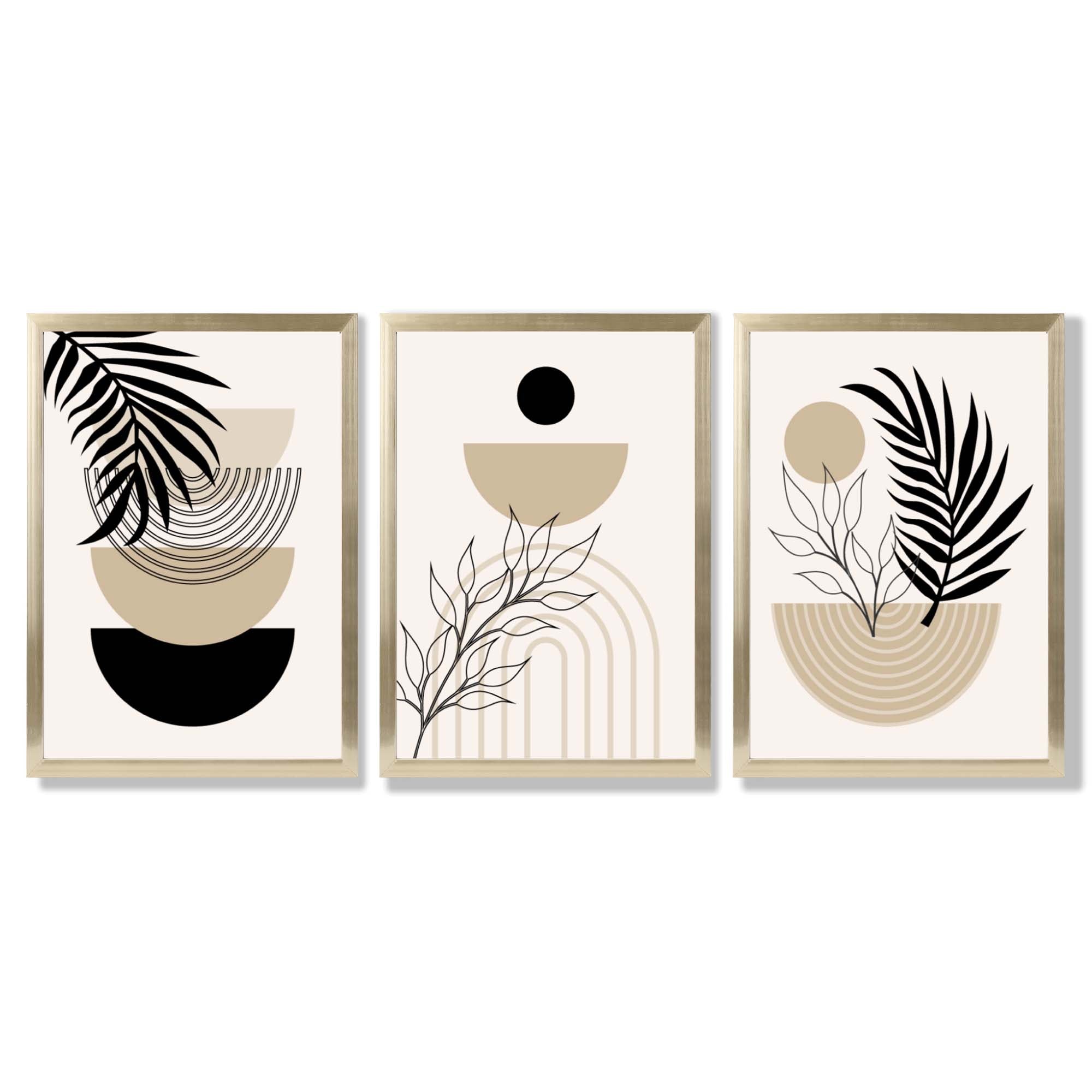 Set of 3 Boho Floral Beige and Black Framed Art Prints with Gold Wood Frames