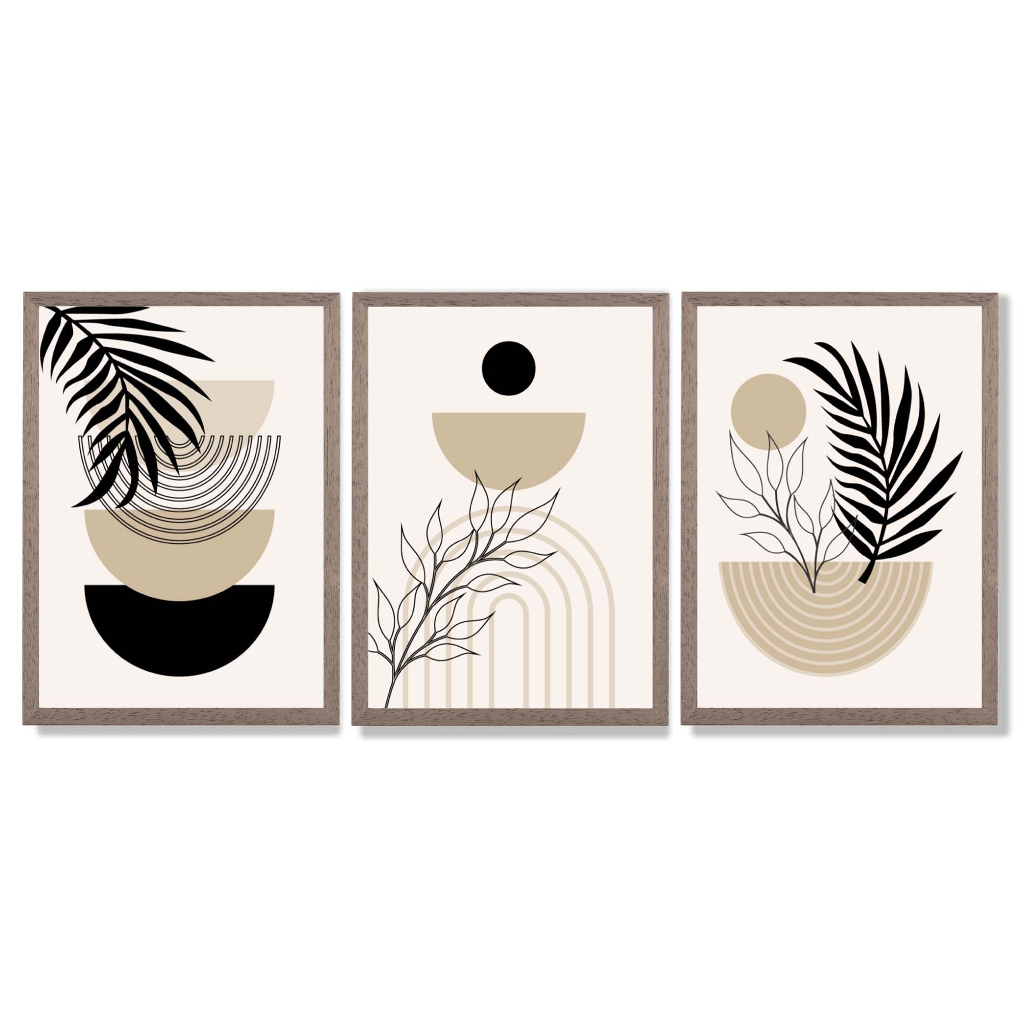 Set of 3 Boho Floral Beige and Black Framed Art Prints with Light Walnut Frames