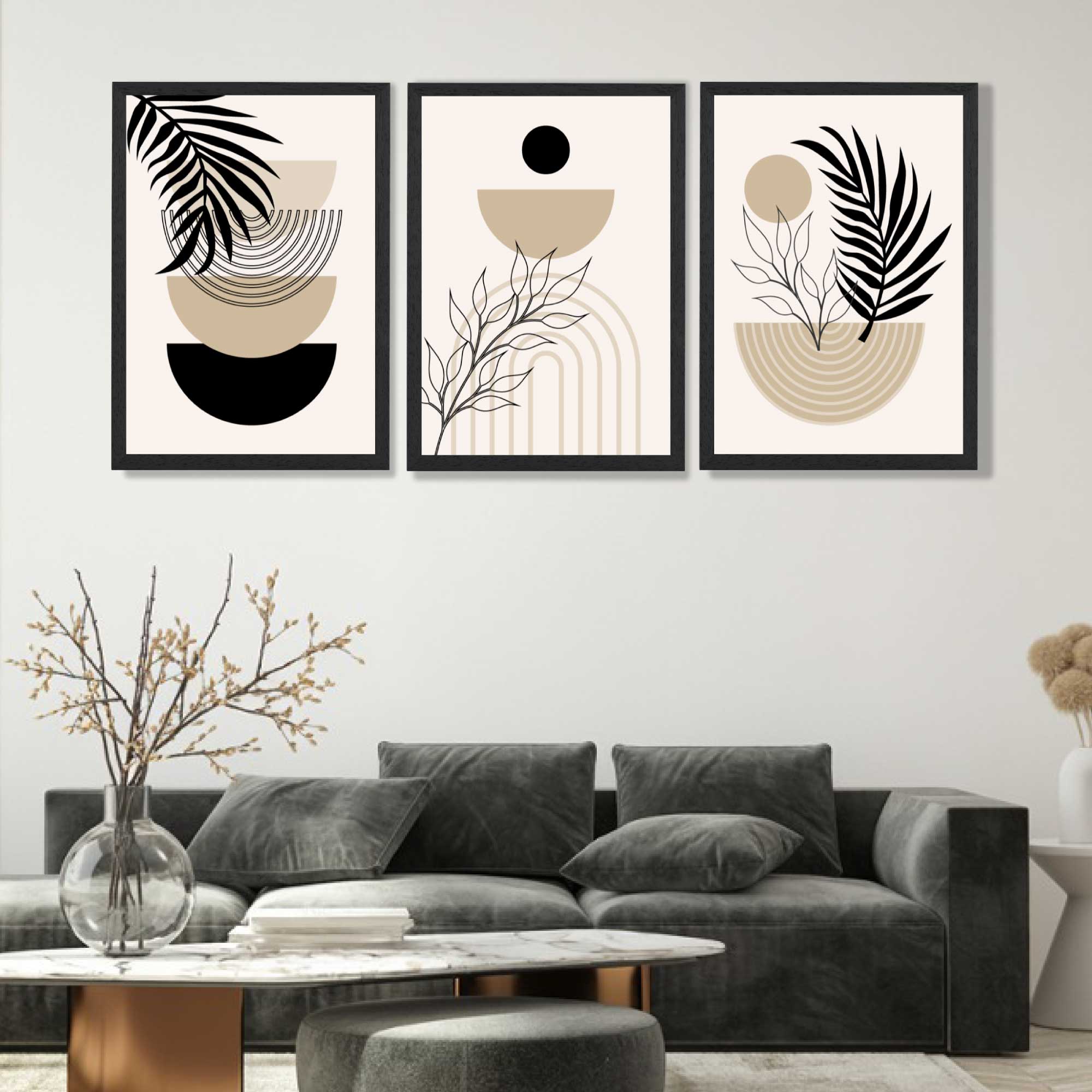 Set of 3 Boho Floral Beige and Black Art Prints in Black Frames | Artze UK