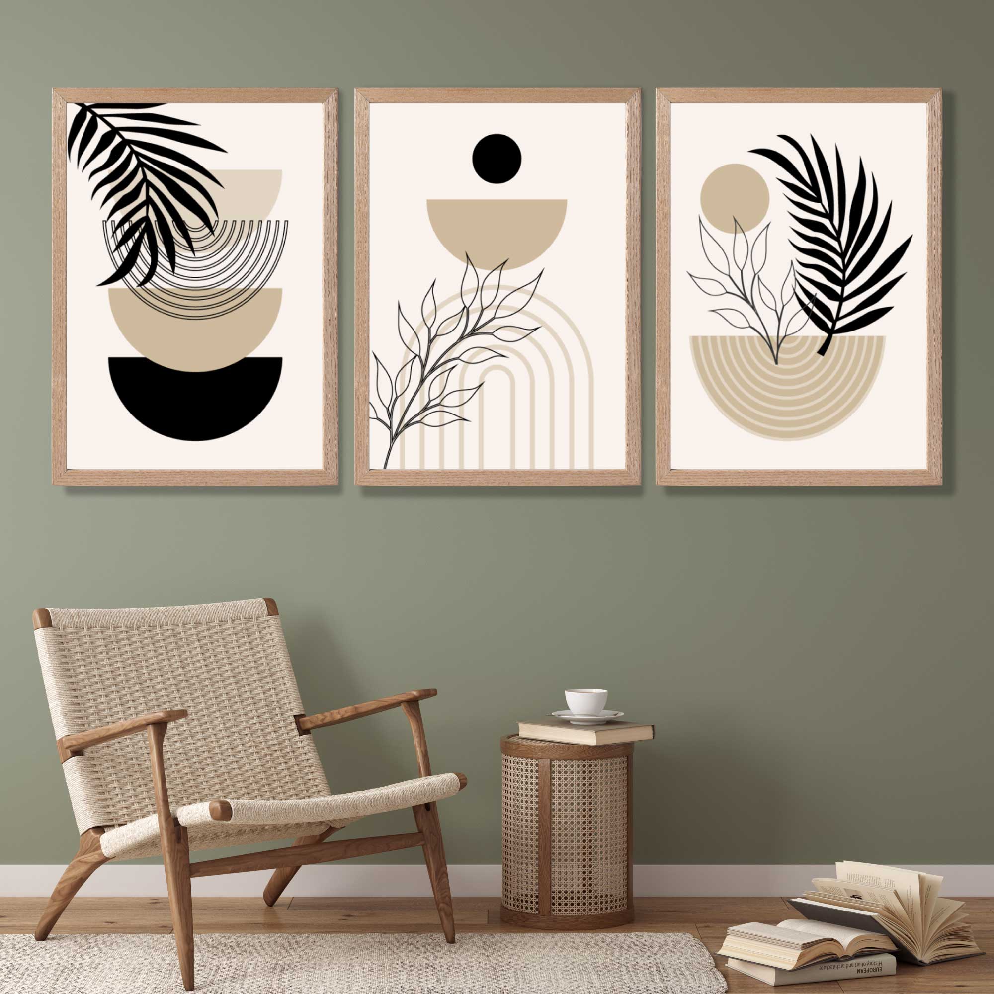 Set of 3 Boho Floral Beige and Black Art Prints in Oak Frames | Artze UK