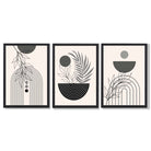 Set of 3 Boho Floral Geometric Grey and Black Framed Art Prints with Black Wooden Frames