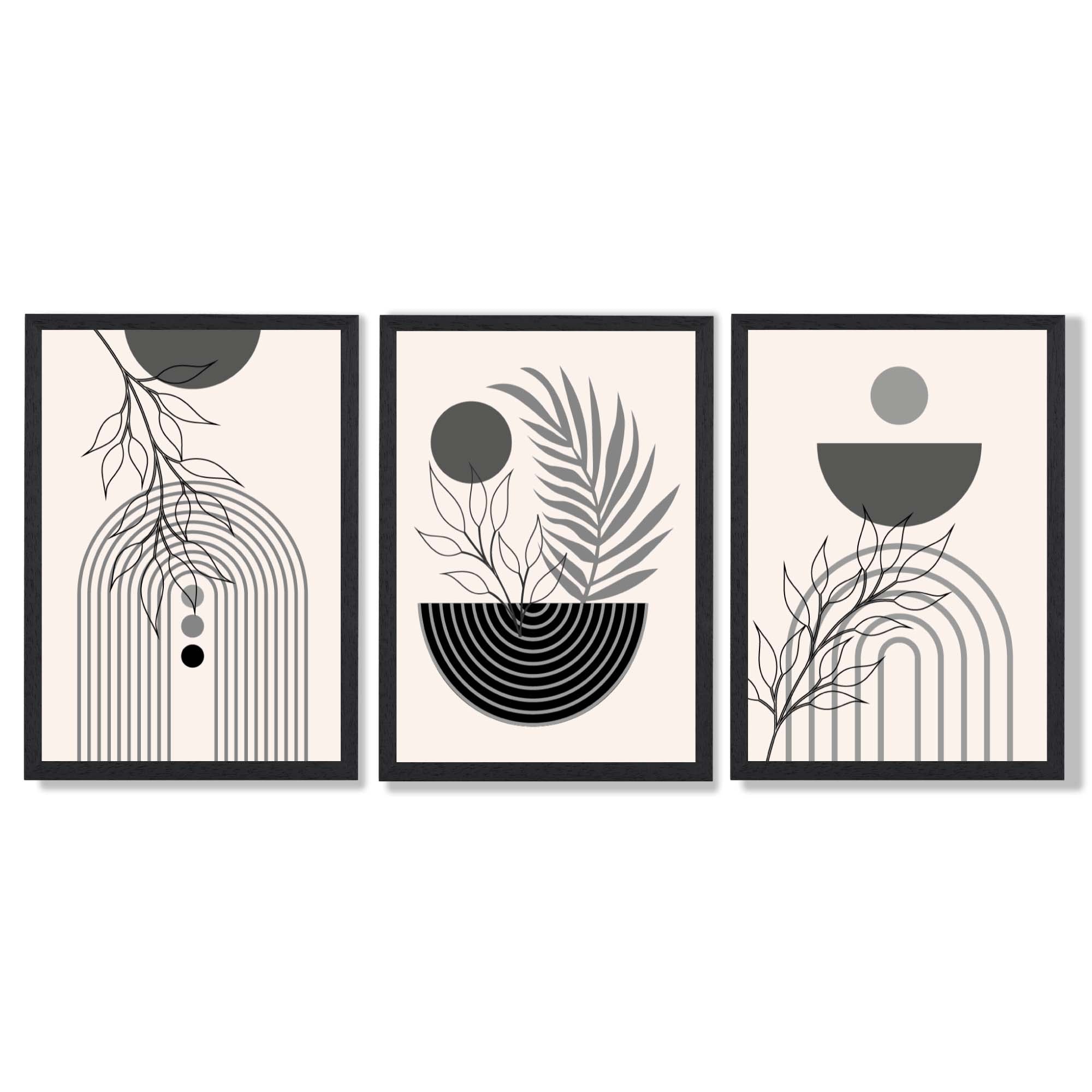 Set of 3 Boho Floral Geometric Grey and Black Framed Art Prints with Black Wooden Frames