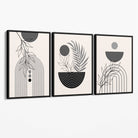 Set of 3 Boho Floral Geometric Grey and Black Canvas Art Prints with Black Float Frame