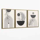 Set of 3 Boho Floral Geometric Grey and Black Canvas Art Prints with Gold Float Frame