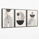 Set of 3 Boho Floral Geometric Grey and Black Canvas Art Prints with Grey Float Frame