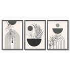 Set of 3 Boho Floral Geometric Grey and Black Framed Art Prints with Dark Grey Wooden Frames