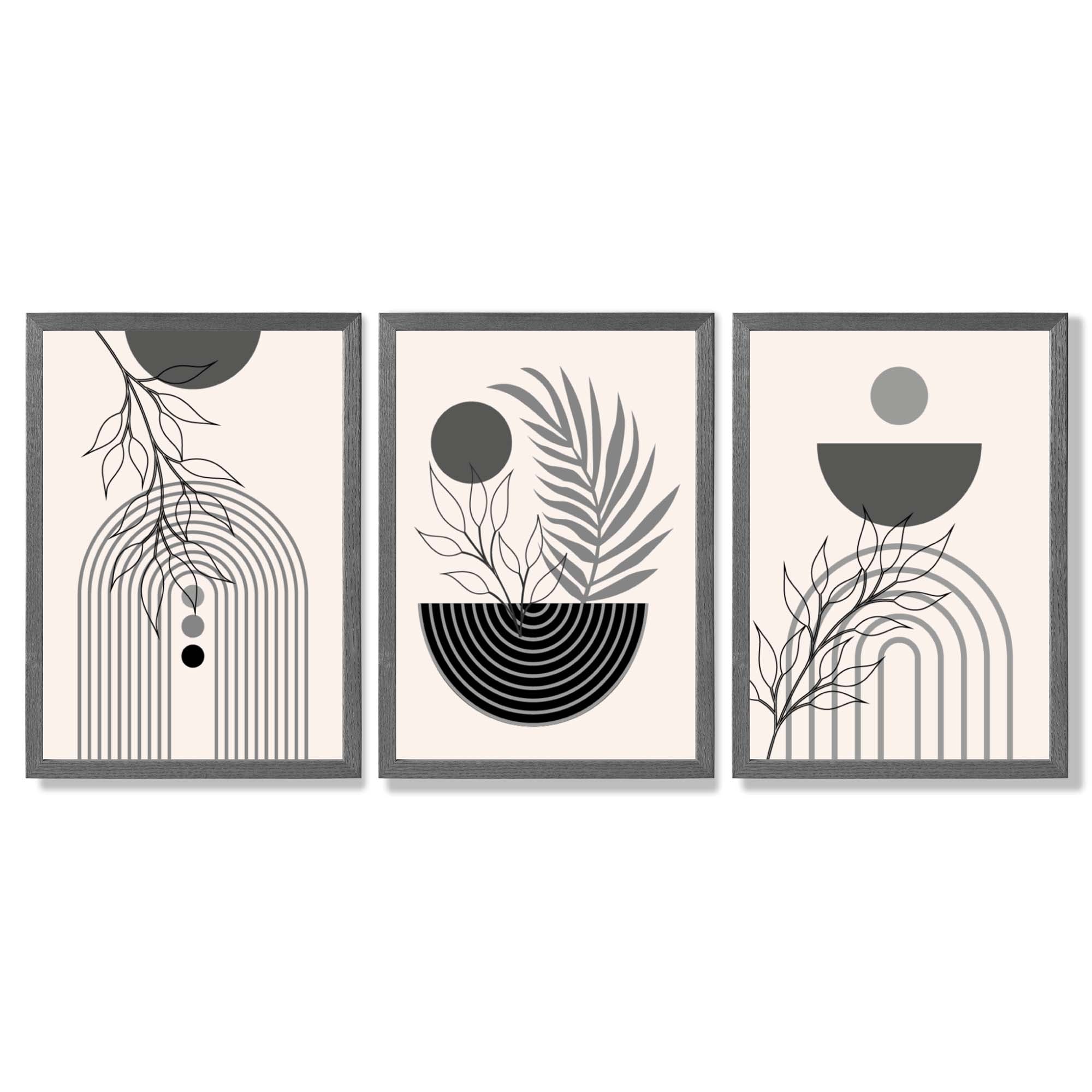 Set of 3 Boho Floral Geometric Grey and Black Framed Art Prints with Dark Grey Wooden Frames
