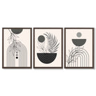 Set of 3 Boho Floral Geometric Grey and Black Framed Art Prints with Dark Wood Frames