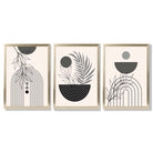Set of 3 Boho Floral Geometric Grey and Black Framed Art Prints with Gold Wood Frames