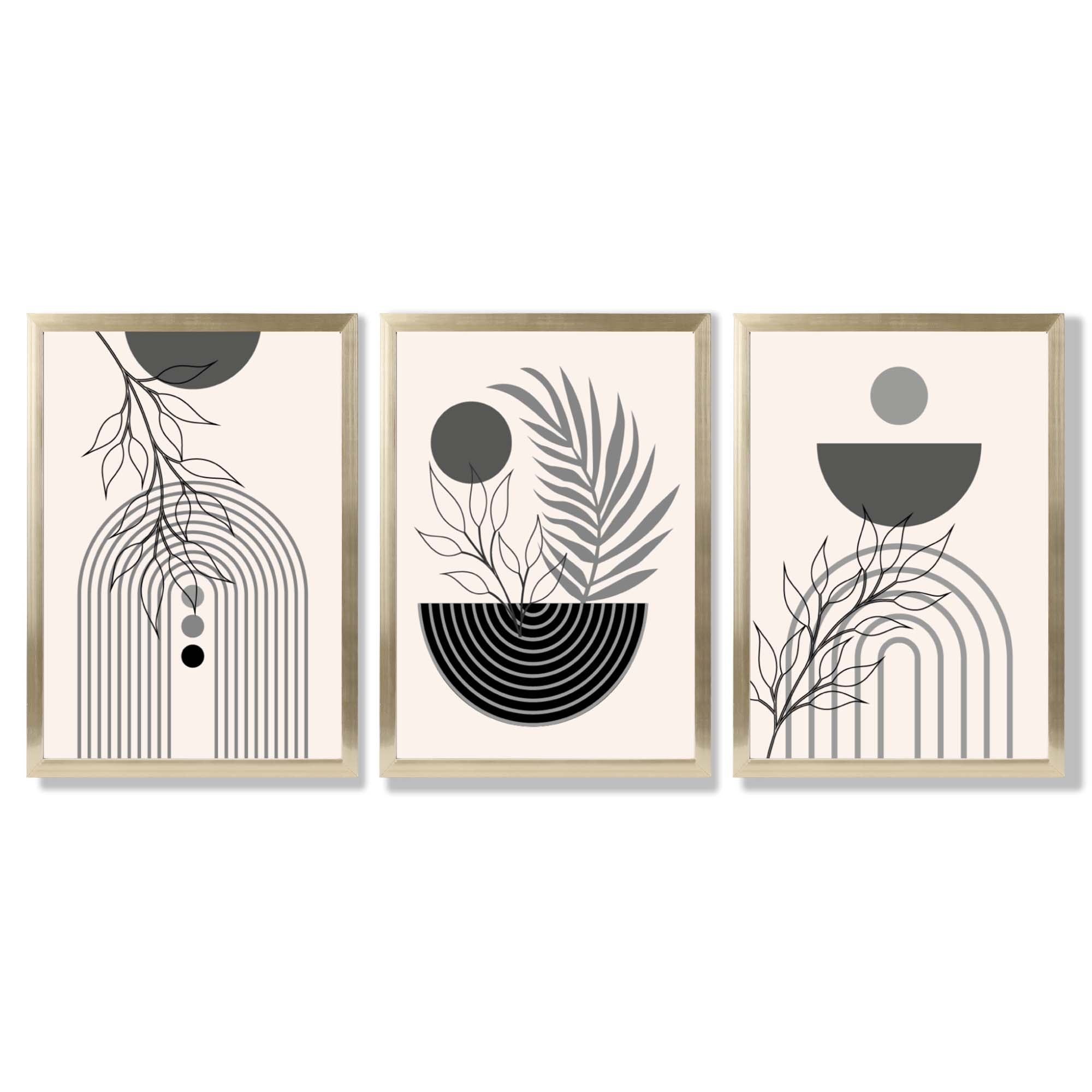 Set of 3 Boho Floral Geometric Grey and Black Framed Art Prints with Gold Wood Frames
