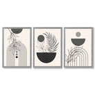 Set of 3 Boho Floral Geometric Grey and Black Framed Art Prints with Light Grey Wooden Frames