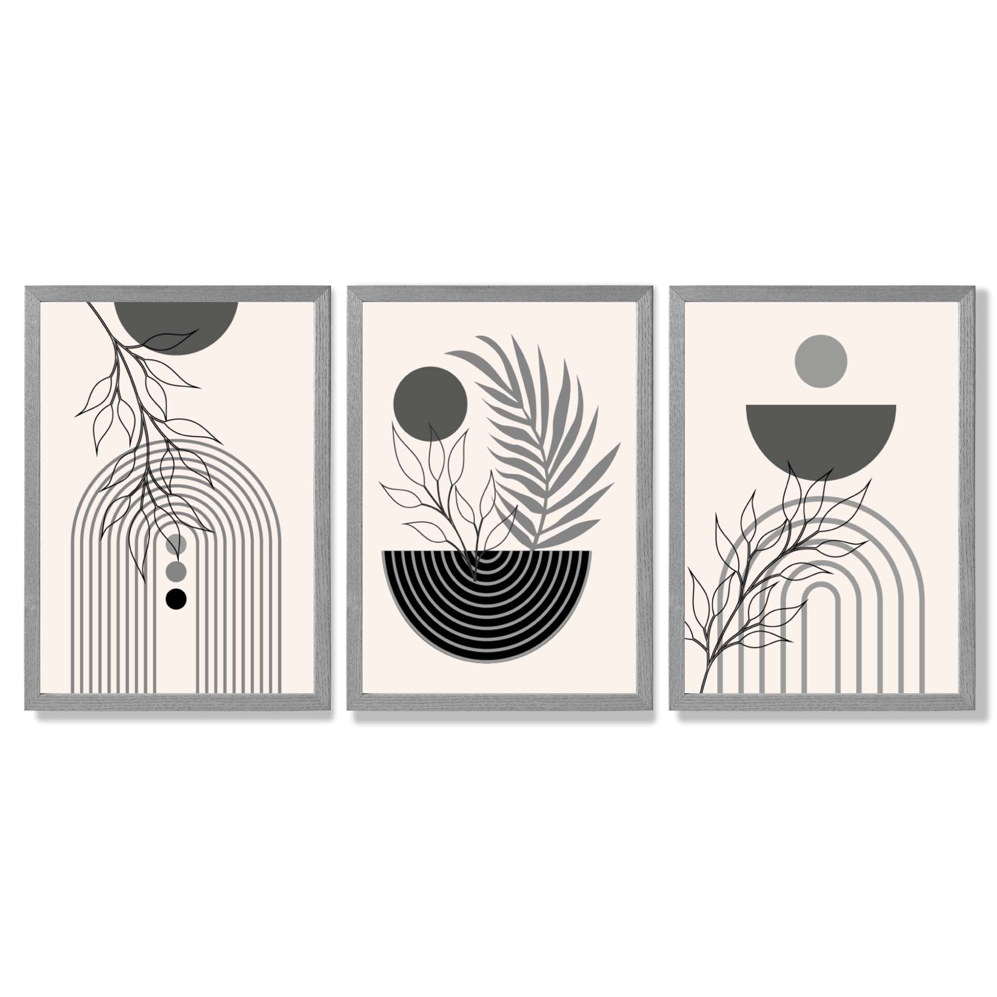 Set of 3 Boho Floral Geometric Grey and Black Framed Art Prints with Light Grey Wooden Frames