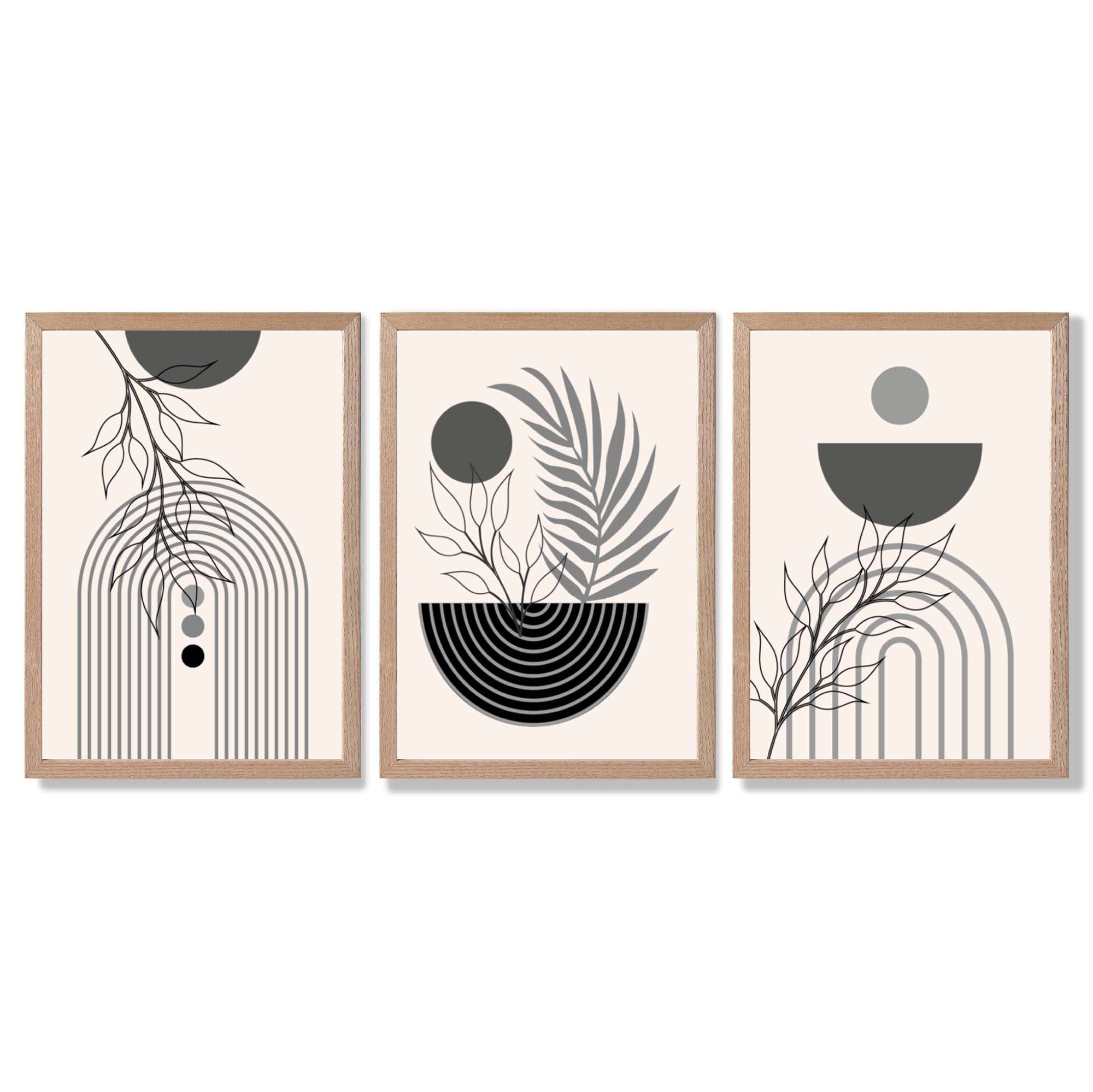 Set of 3 Boho Floral Geometric Grey and Black Framed Art Prints with Light Oak Frames