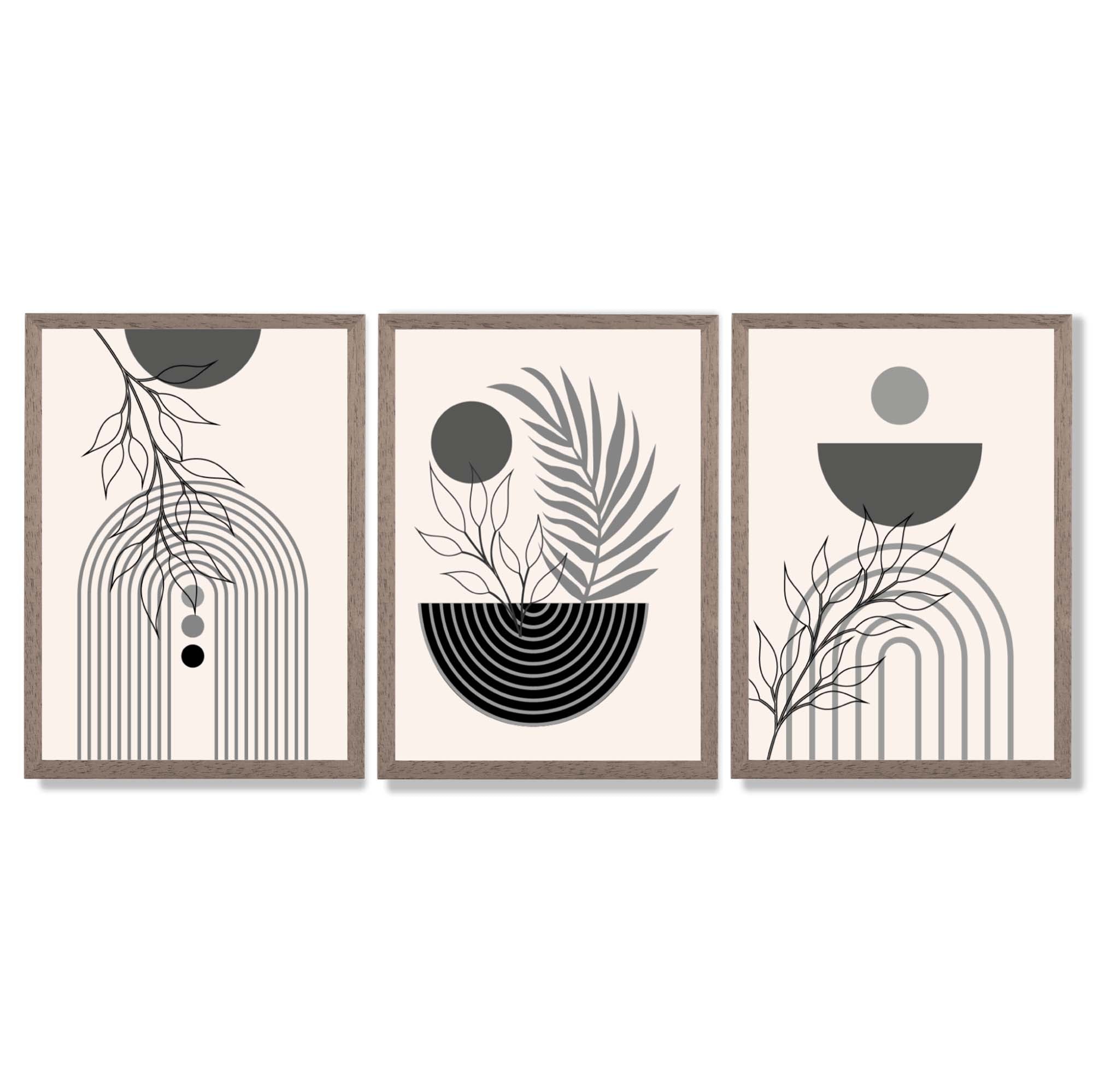 Set of 3 Boho Floral Geometric Grey and Black Framed Art Prints with Light Walnut Frames