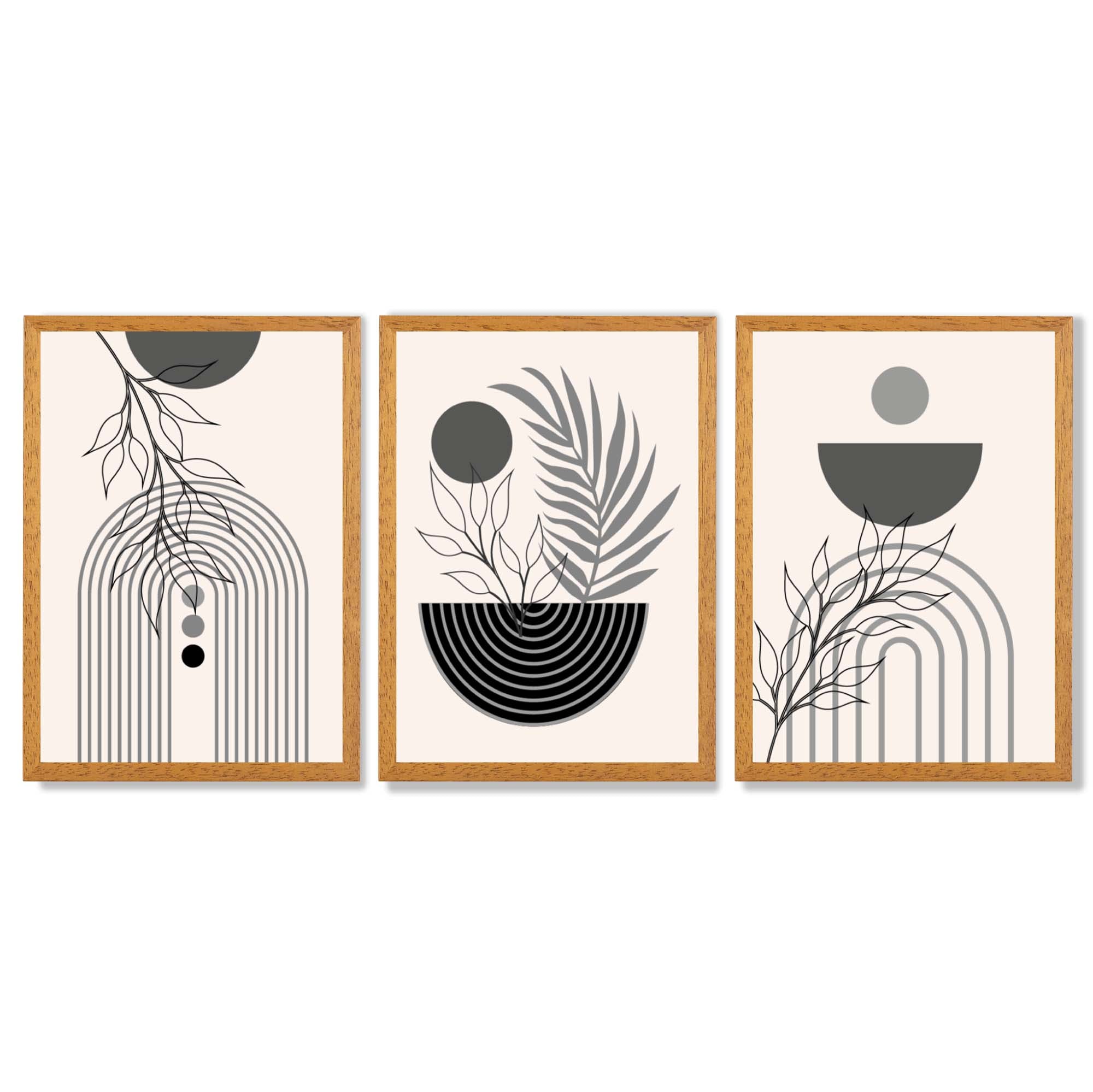 Set of 3 Boho Floral Geometric Grey and Black Framed Art Prints with Oak Wooden Frames