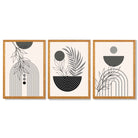 Set of 3 Boho Floral Geometric Grey and Black Framed Art Prints with Oak Wooden Frames