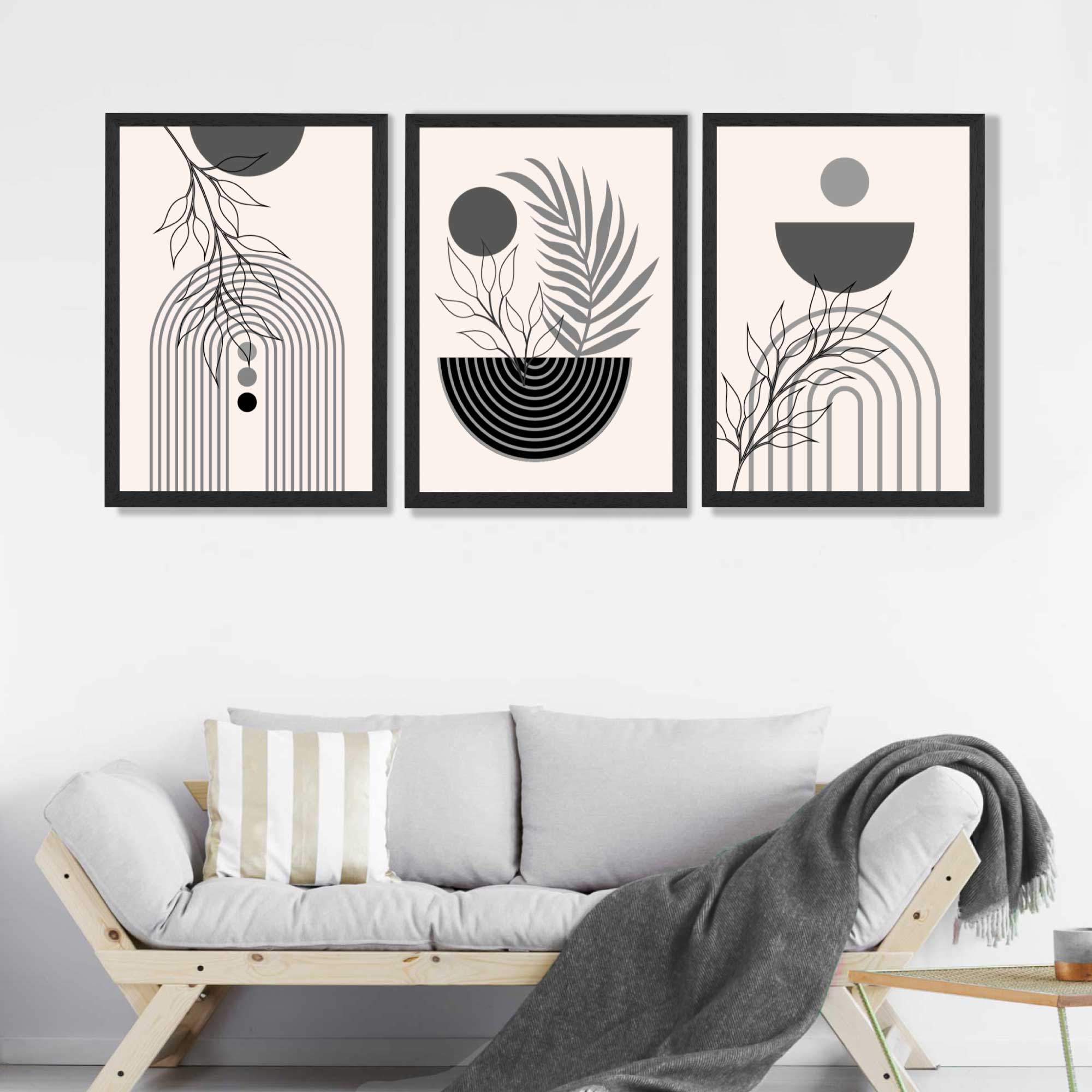 Set of 3 Boho Floral Geometric Grey and Black Art Prints in Black Frames | Artze UK