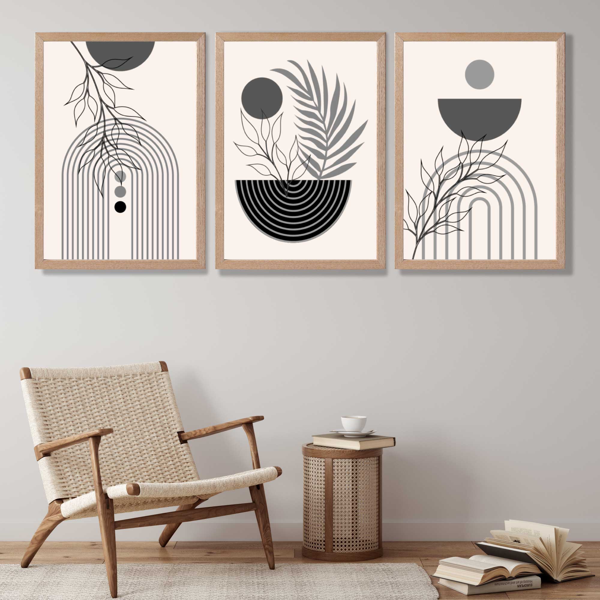 Set of 3 Boho Floral Geometric Grey and Black Art Prints in Oak Frames | Artze UK