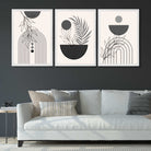 Set of 3 Boho Floral Geometric Grey and Black Art Prints in White Frames | Artze UK