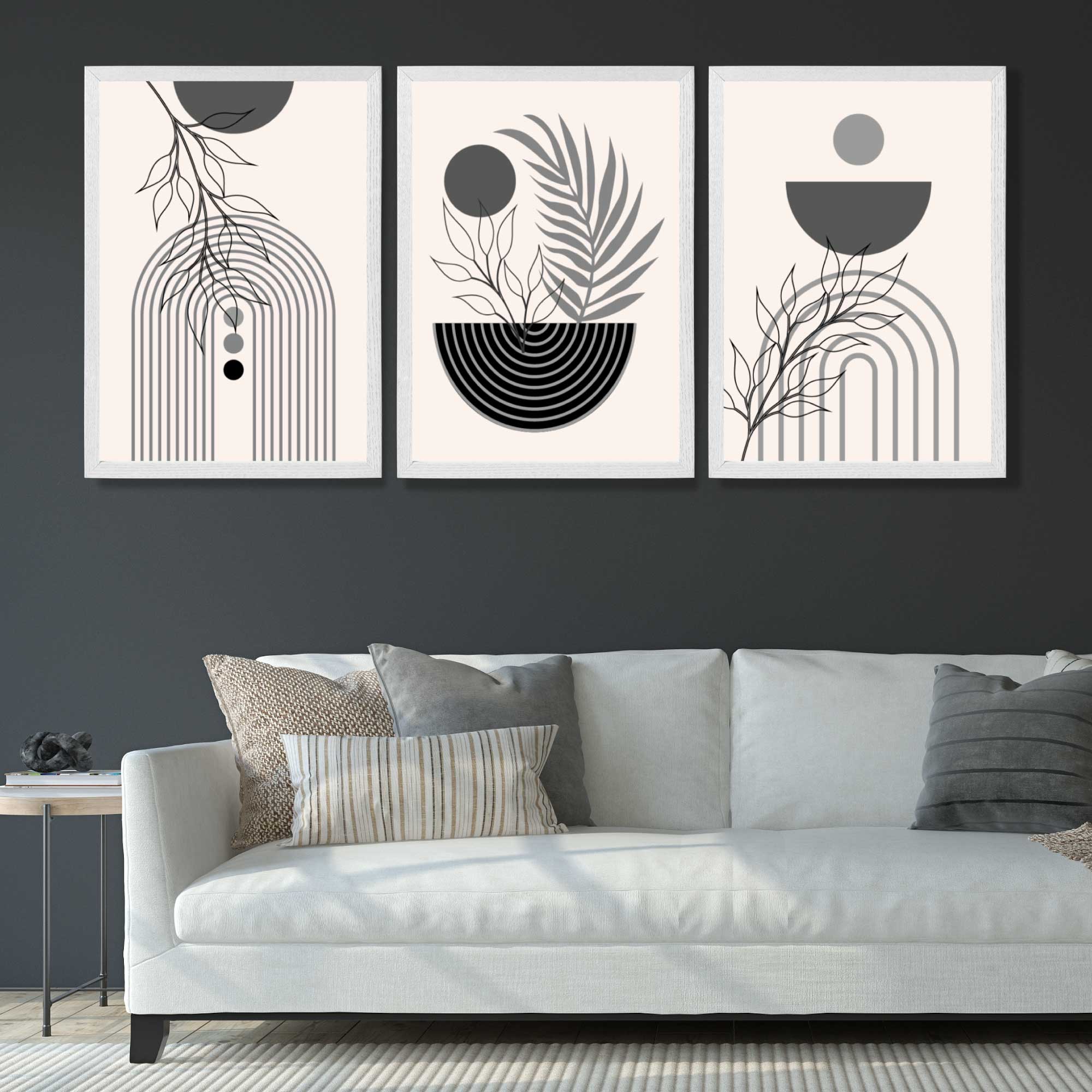 Set of 3 Boho Floral Geometric Grey and Black Art Prints in White Frames | Artze UK