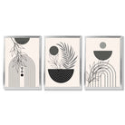 Set of 3 Boho Floral Geometric Grey and Black Framed Art Prints with Silver Wood Frames
