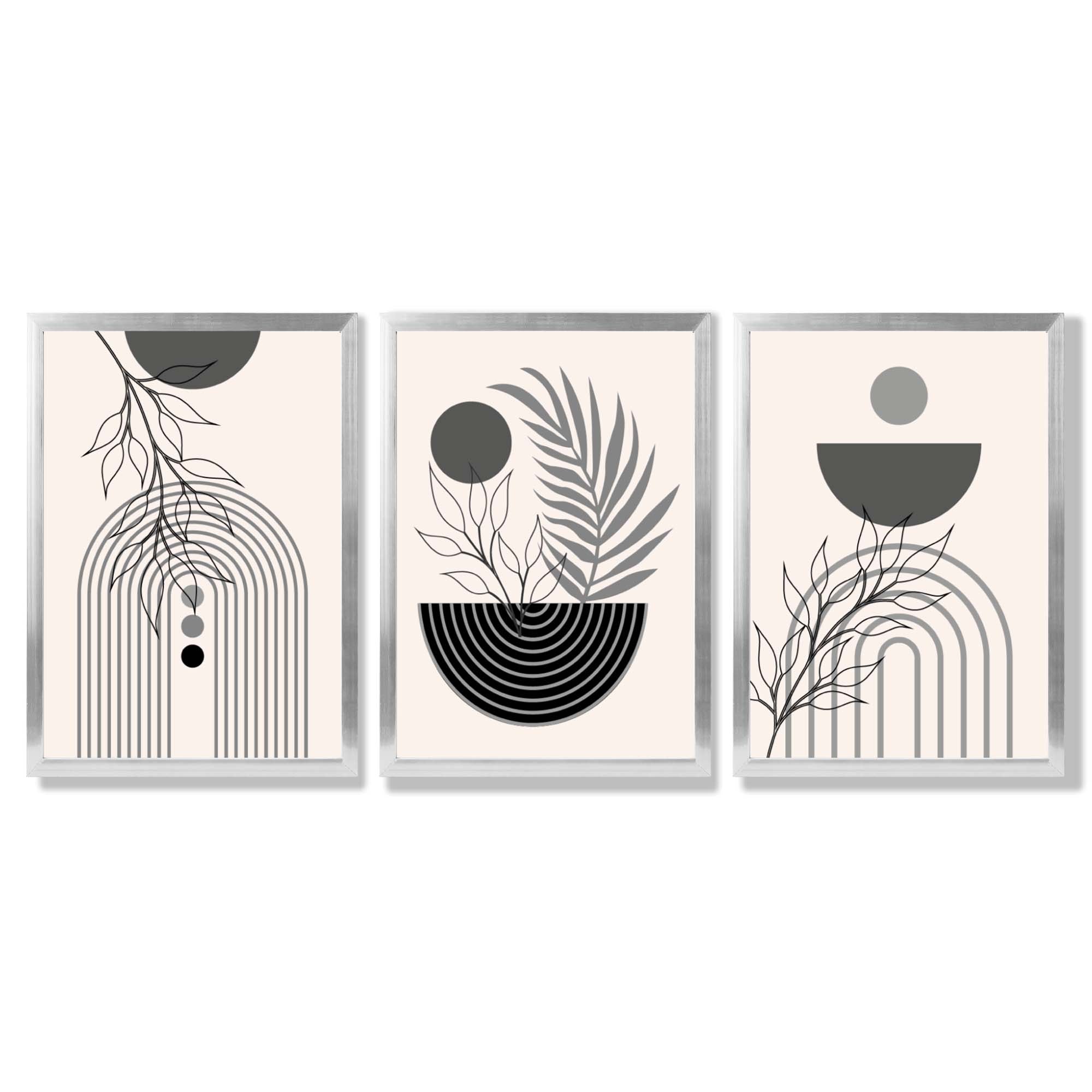 Set of 3 Boho Floral Geometric Grey and Black Framed Art Prints with Silver Wood Frames