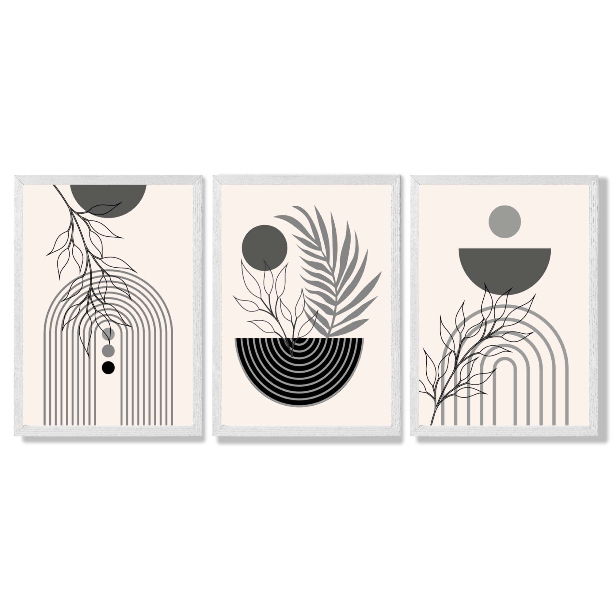 Set of 3 Boho Floral Geometric Grey and Black Framed Art Prints with White Wooden Frames