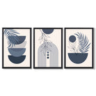 Set of 3 Boho Floral Geometric Navy and Blue Framed Art Prints with Black Wooden Frames