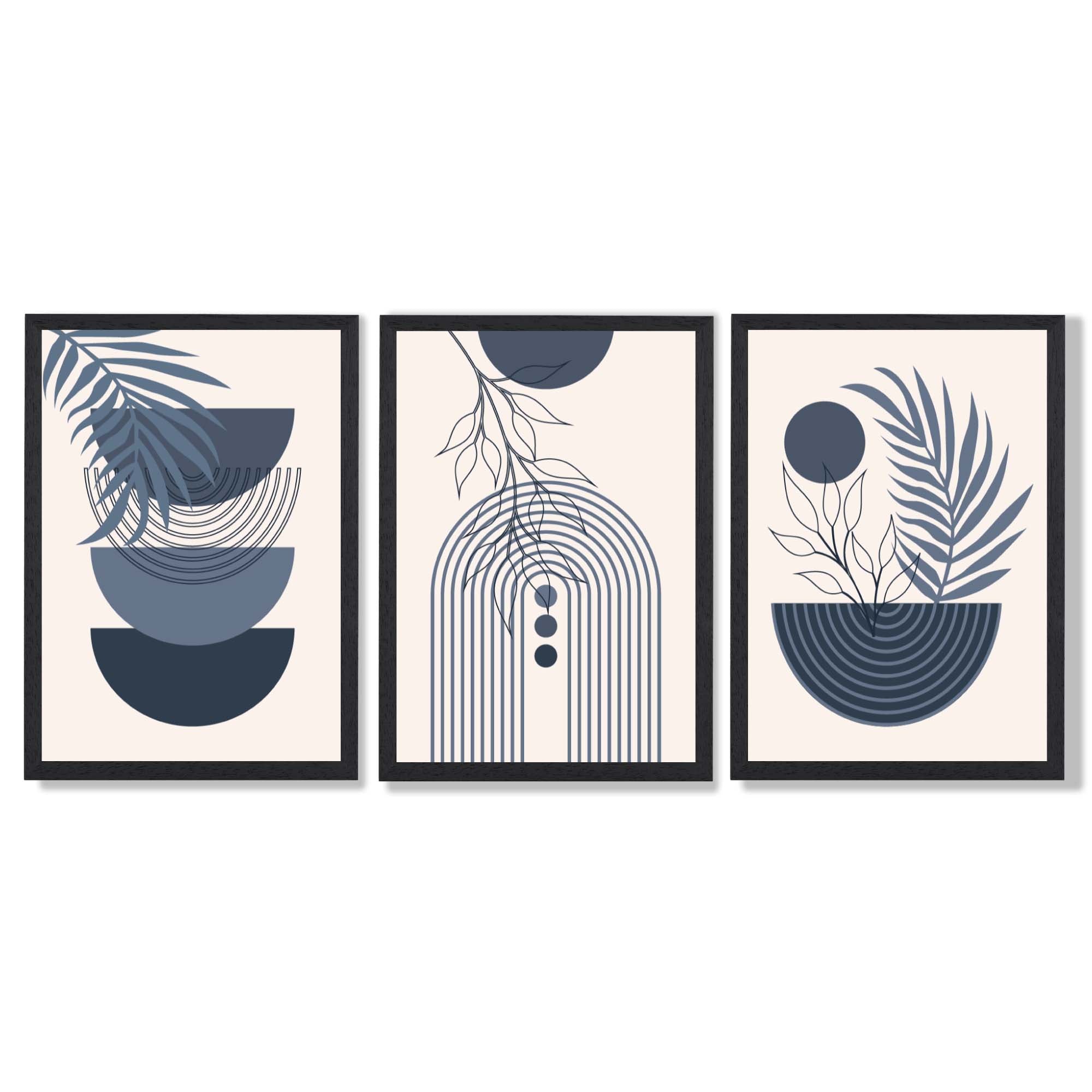 Set of 3 Boho Floral Geometric Navy and Blue Framed Art Prints with Black Wooden Frames