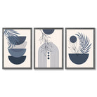 Set of 3 Boho Floral Geometric Navy and Blue Framed Art Prints with Dark Grey Wooden Frames