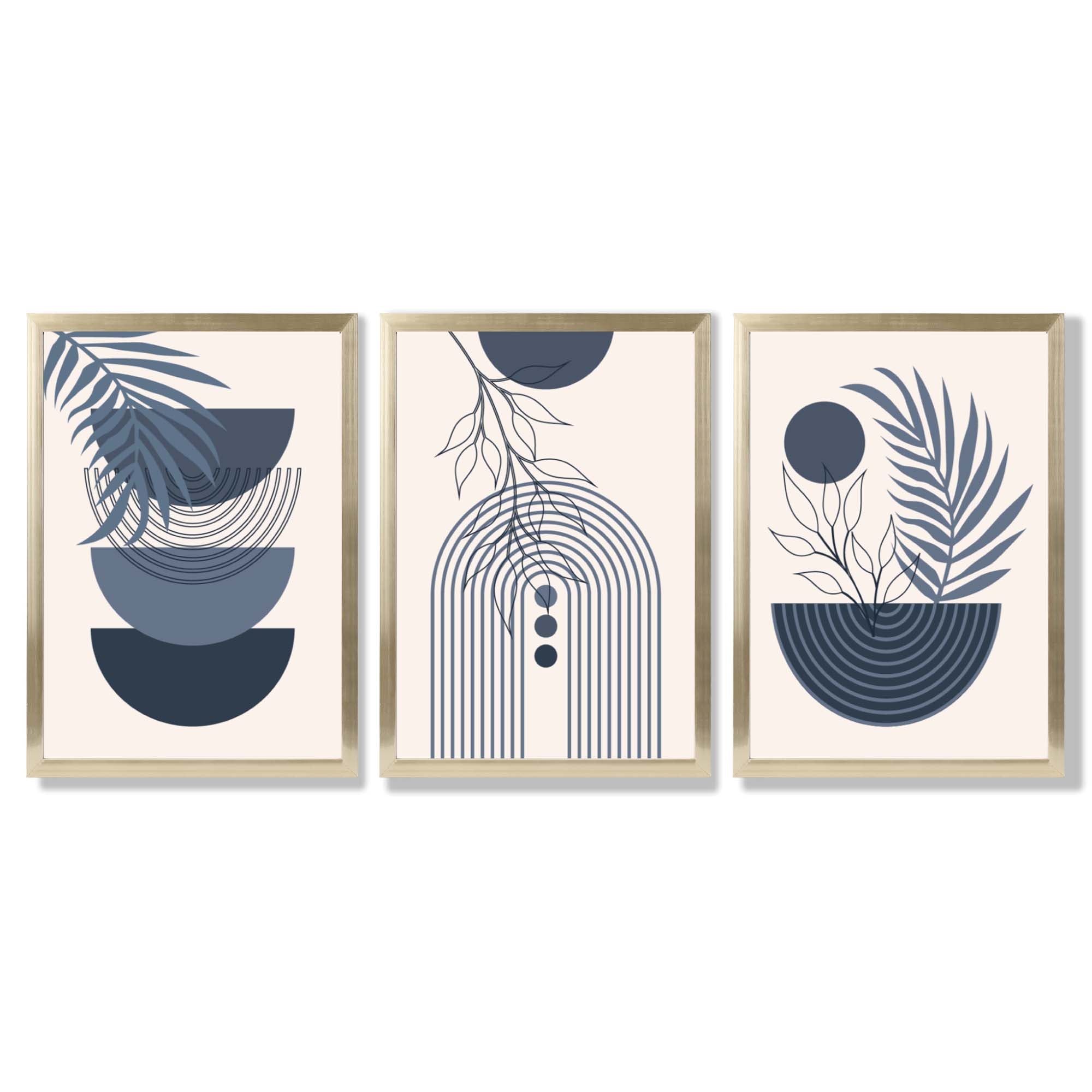 Set of 3 Boho Floral Geometric Navy and Blue Framed Art Prints with Gold Wood Frames