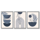 Set of 3 Boho Floral Geometric Navy and Blue Framed Art Prints with Light Grey Wooden Frames