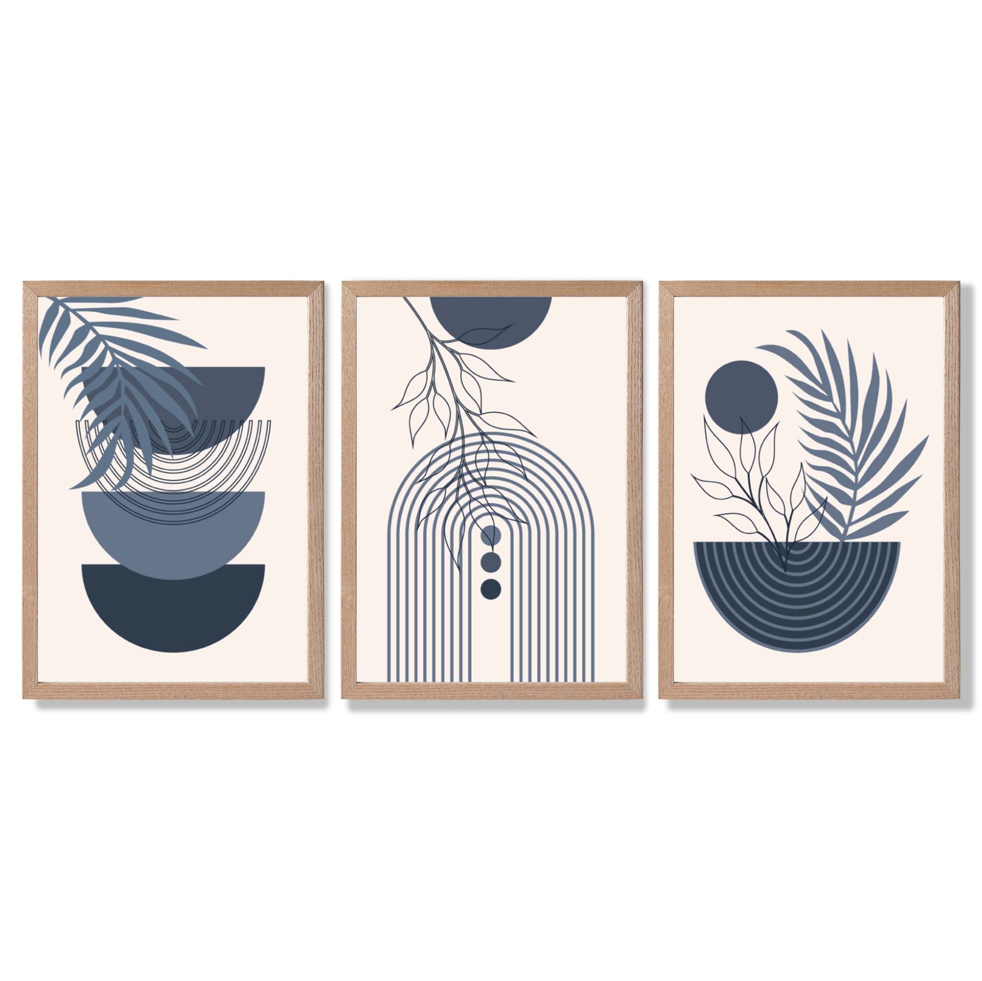 Set of 3 Boho Floral Geometric Navy and Blue Framed Art Prints with Light Oak Frames