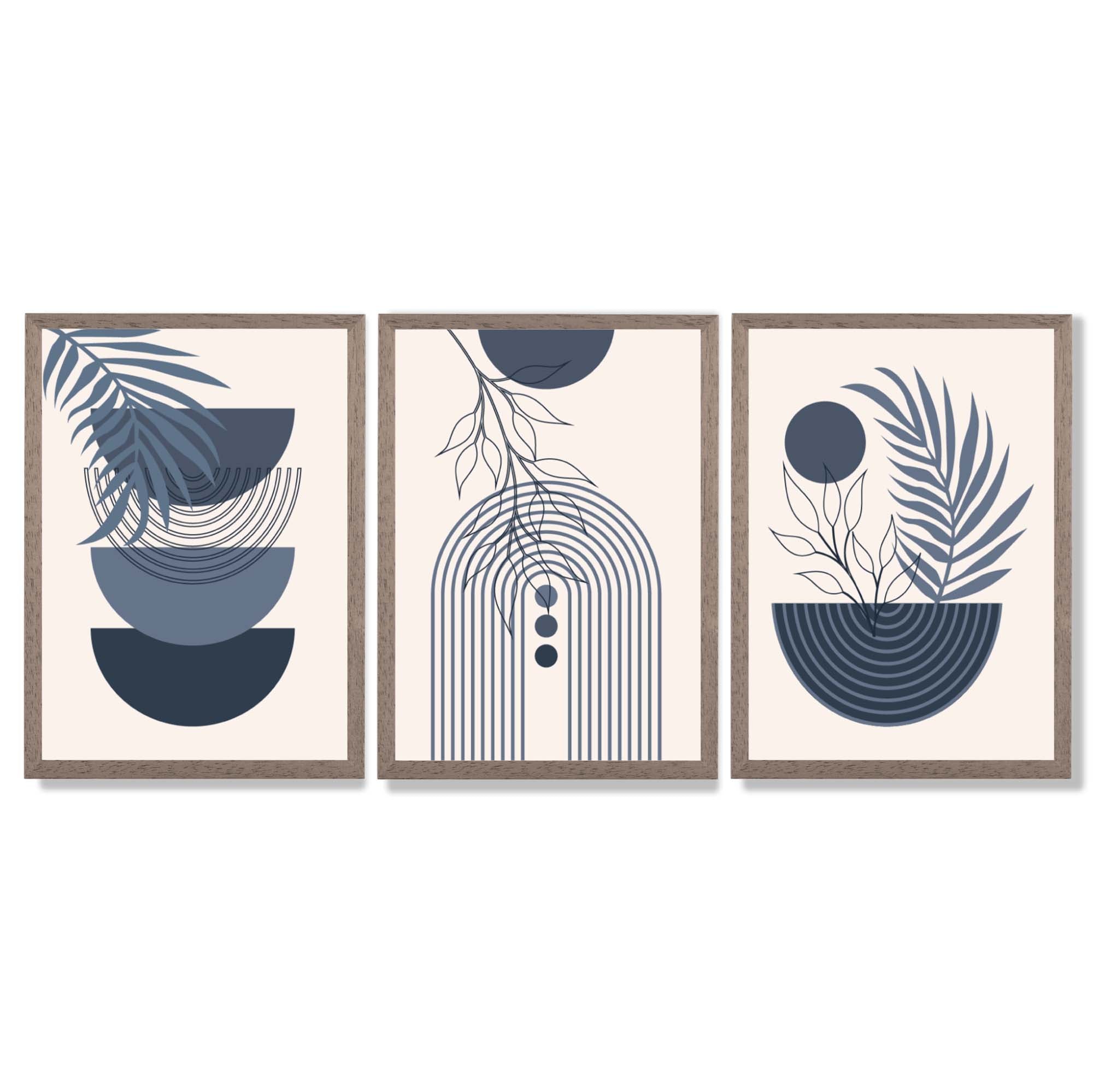 Set of 3 Boho Floral Geometric Navy and Blue Framed Art Prints with Light Walnut Frames